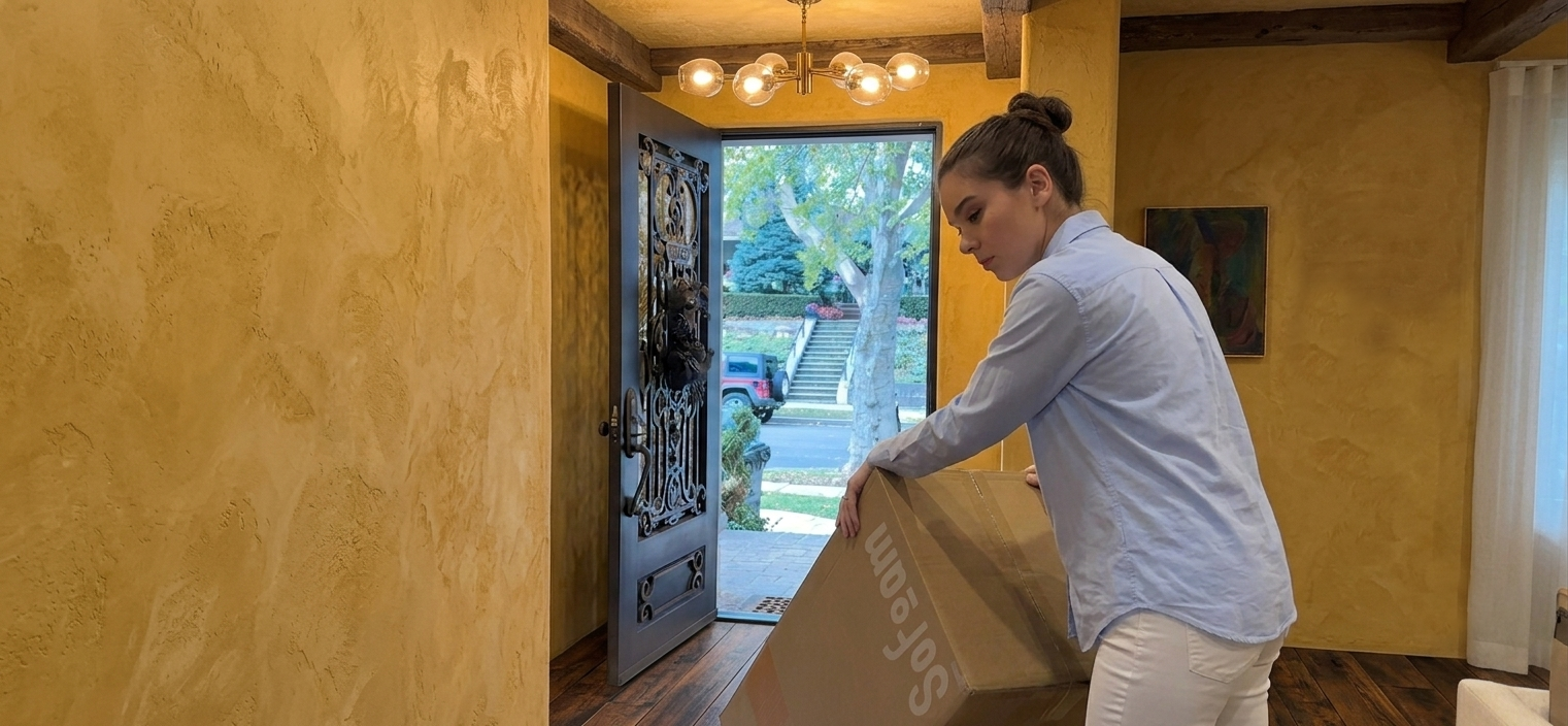 Person carrying a Modu cube delivery box inside