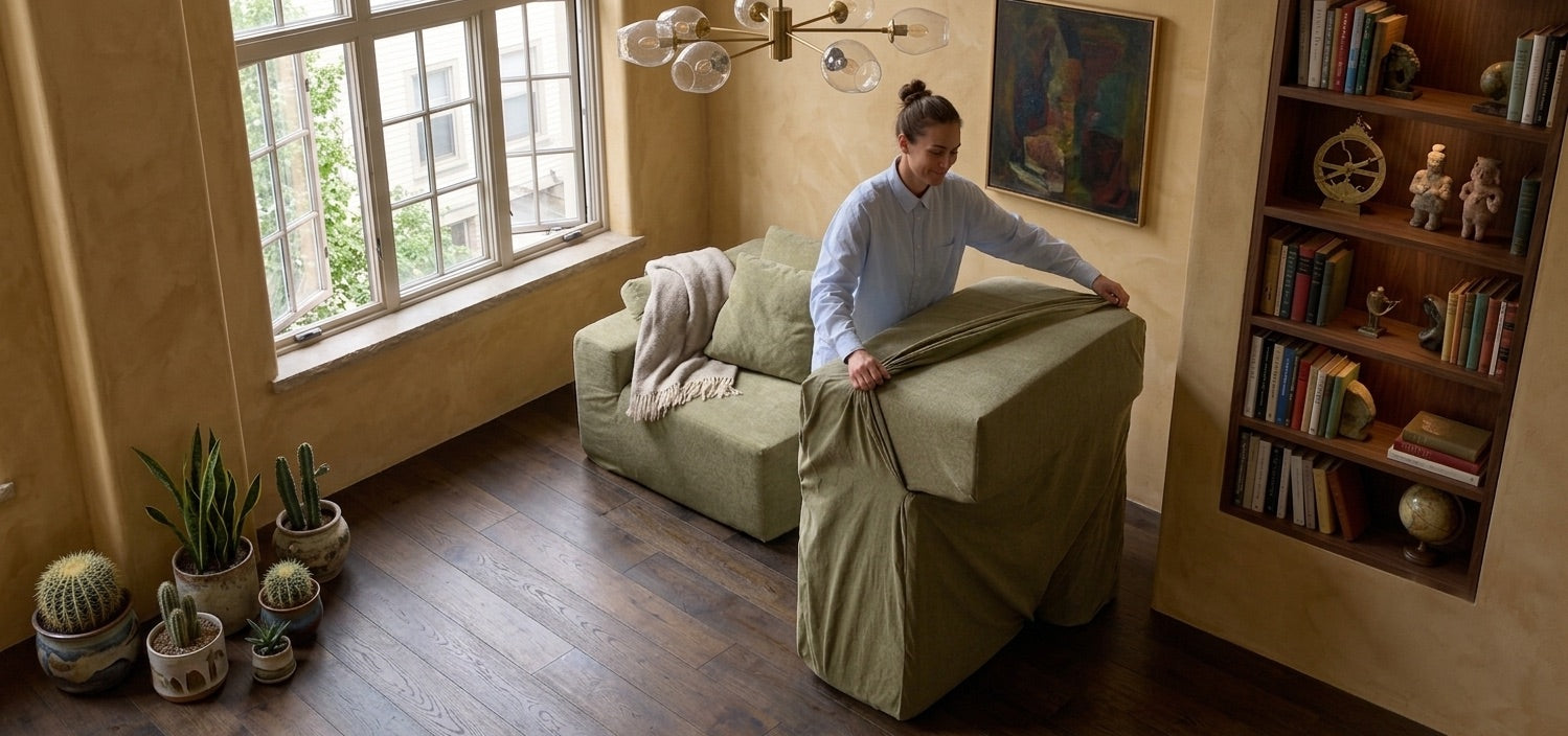 Person sliding a cover onto a Modu cube module